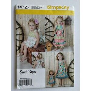 1472 Simplicity Sewing Pattern Toddlers Romper, Dress, Top, Pants 18" Doll Dress